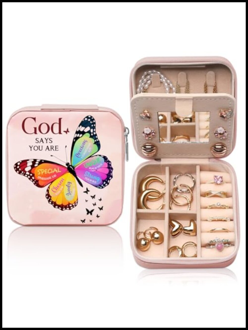 Faux Leather Butterfly Travel Jewelry Box with Mirror Velvet Lining
